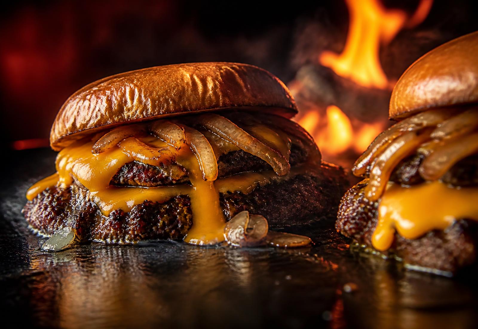 Smash burgers searing on a hot flat-top grill with flames behind
